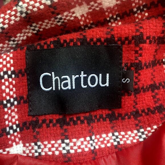 Chartou Red White Plaid Peacoat Winter Coat Longline Wool Blend Size Small‎ - Picture 5 of 6